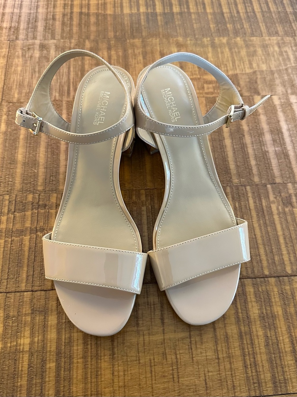 MICHAEL Michael Kors Nude Leather Gold Cage Block Heel Sandals 7.5M, Like New